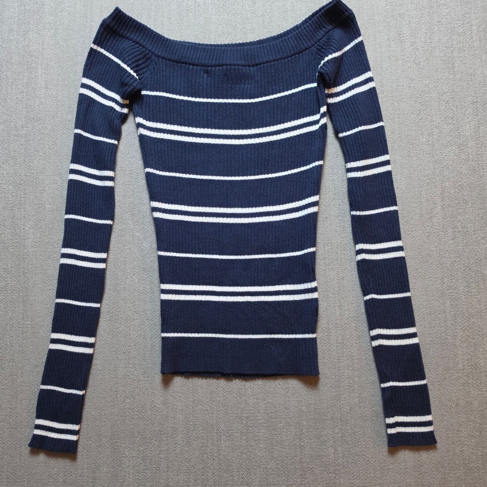 Aeropostale Sweater Women Small Navy Blue White Striped Off The Shoulder Ribbed